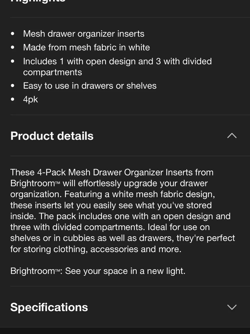 NWOT Brightroom 4pack Mesh Drawer Organizer Inserts